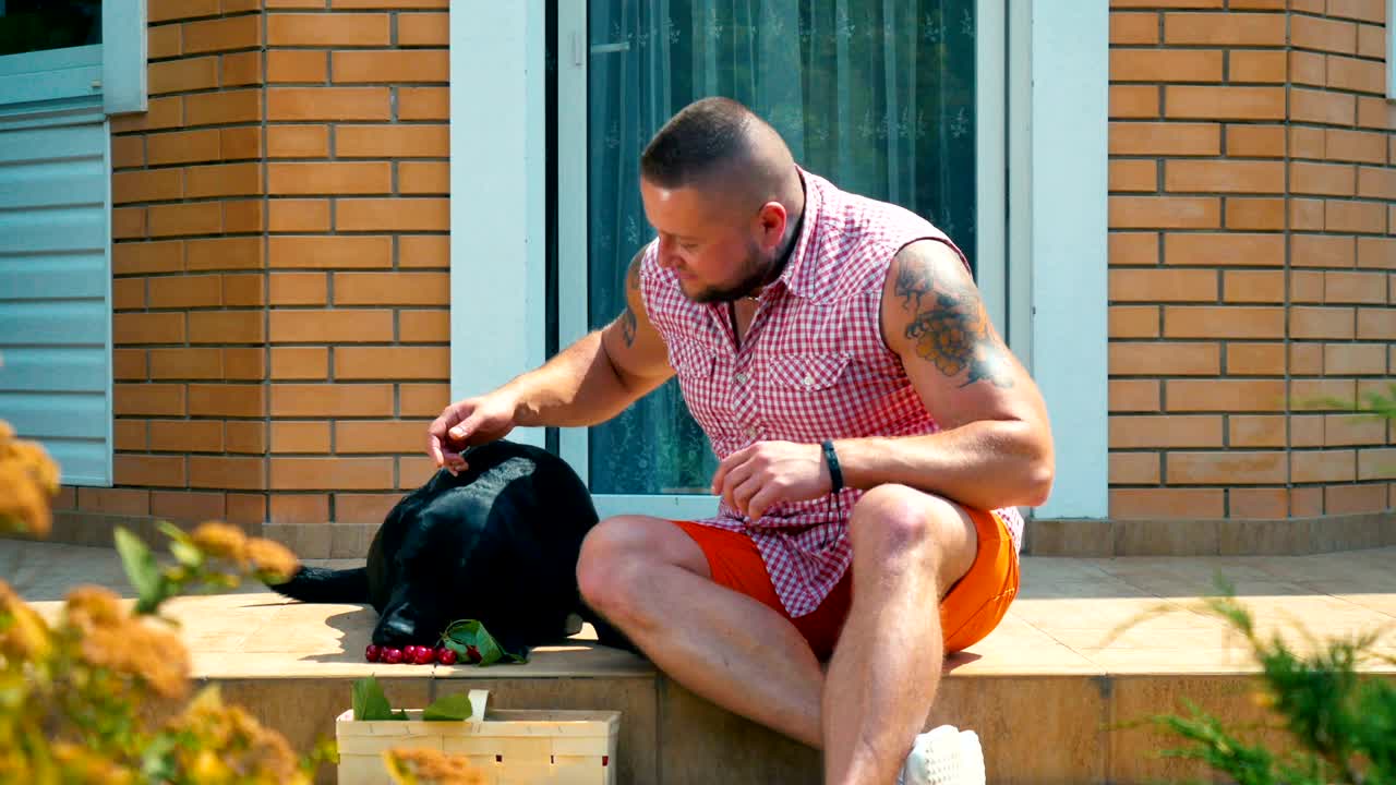 un chico musculoso y guapo alimenta a su perro con cerezas en el porche de la casa.