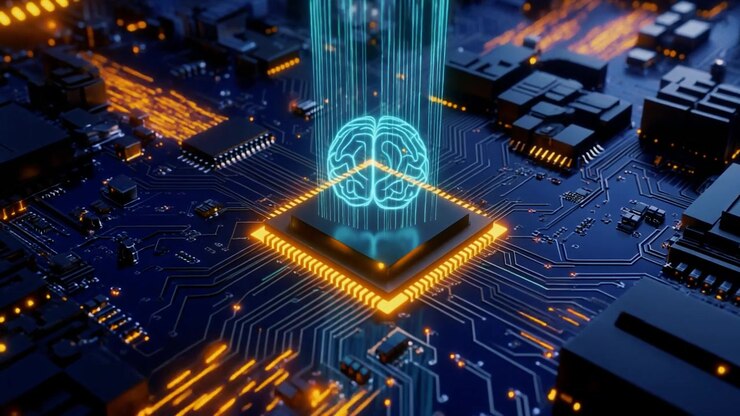 Digital Brain Hologram Emerging from a Computer Processor Chip