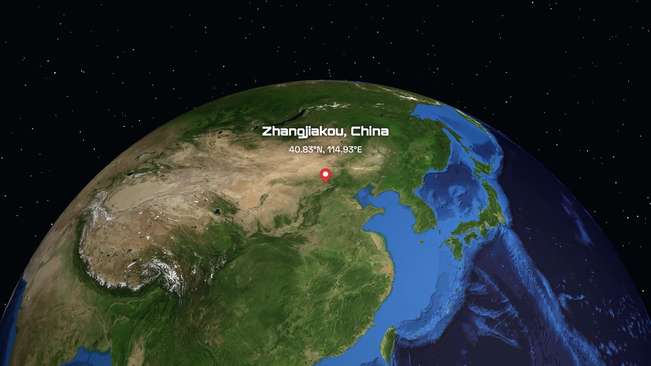 A digital globe rotates and zooms from space into Zhangjiakou China with location markers