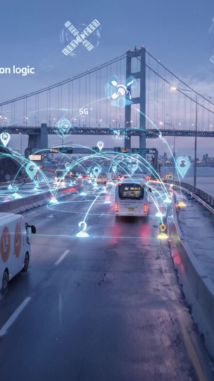 Scena di trasporto urbano futuristico con veicoli autonomi e connettività intelligente su un ponte moderno al crepuscolo, con sovrapposizioni digitali in un ambiente cittadino dinamico.