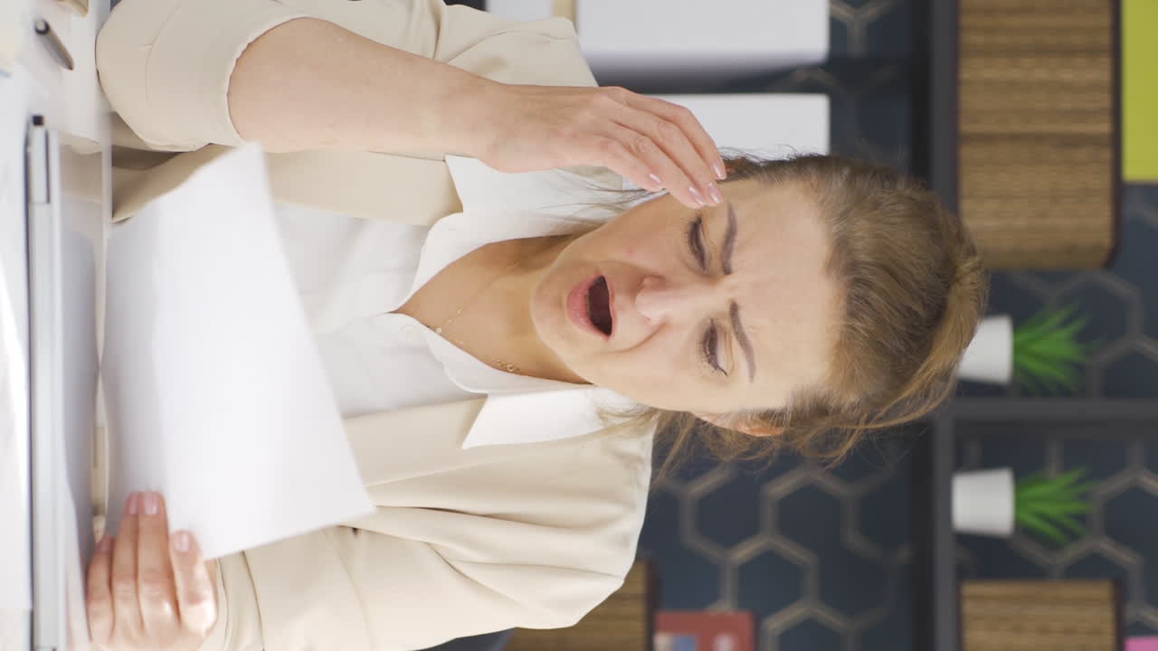 вертикальное видео деловой женщины, расстроенной отрицательными результатами бумажной работы.