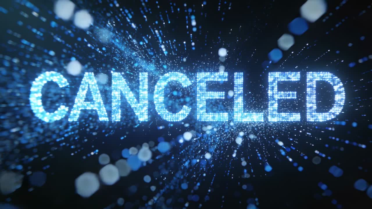 Zooming camera revealing CANCELED text in dark starfield, blue dots streaking, emphasizing alert