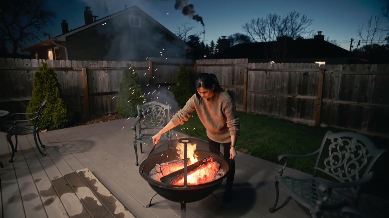 Noticing smoke, woman in sweater stoking fire pit with poker on backyard deck to keep flames