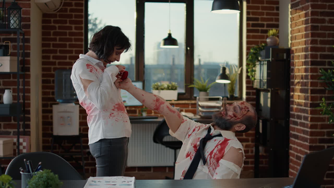 Uomo zombie romantico e spettrale, innamorato e mangiacervelli, che si dichiara alla sua ragazza inquietante