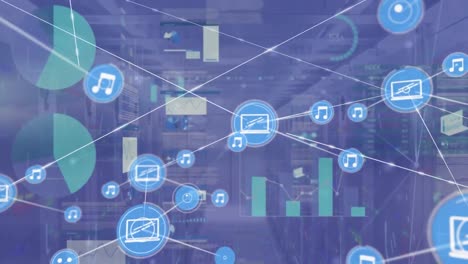 animación de la red de conexiones con iconos y procesamiento de datos sobre la sala de servidores