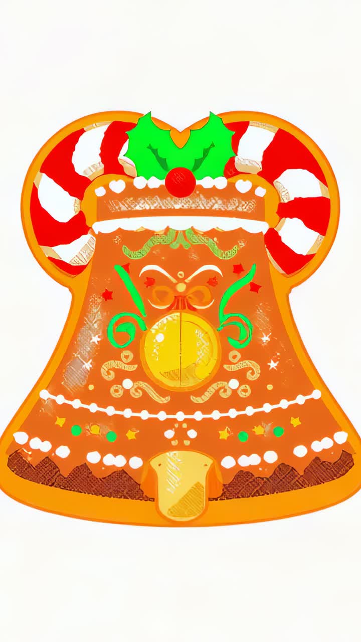 Vertical video: Play starting, frames zooming in on cookie bell on white to reveal golden ornament