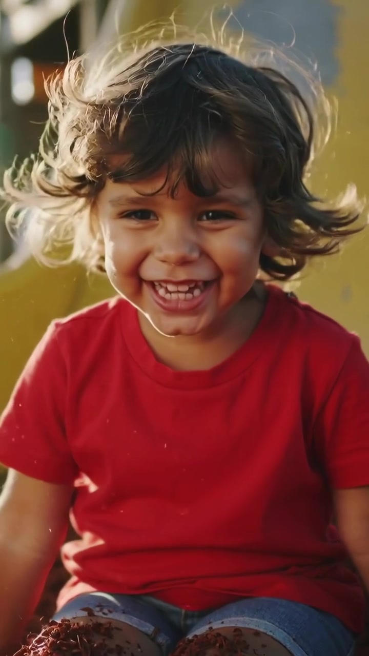 Video vertical: Niño pequeño deslizándose por un tobogán amarillo en el parque, riendo, con camiseta roja, mantillo debajo.