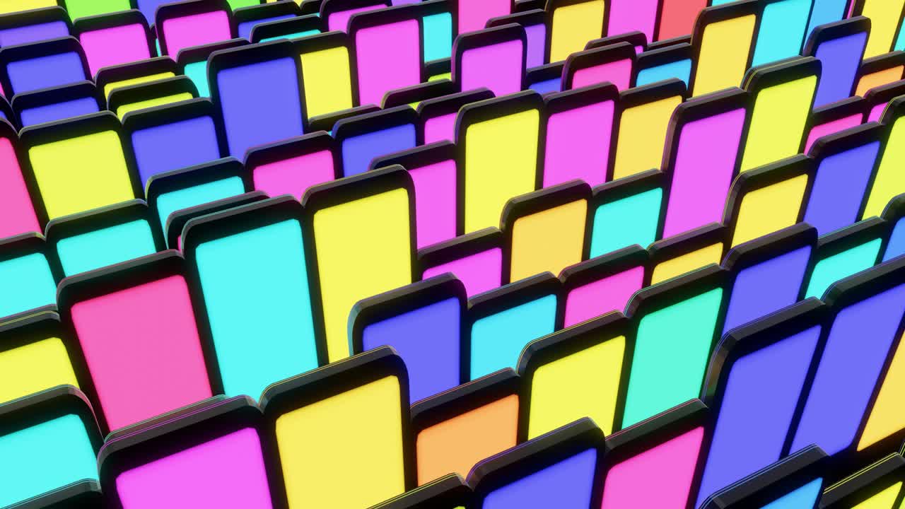 4r bucle fondo oscuro con bloques abstractos en plano como dispositivos con iluminación de pantalla con luz de neón multicolor. bg para espectáculos festivos o eventos de vacaciones, conciertos, videos musicales, vj para clubes nocturnos.