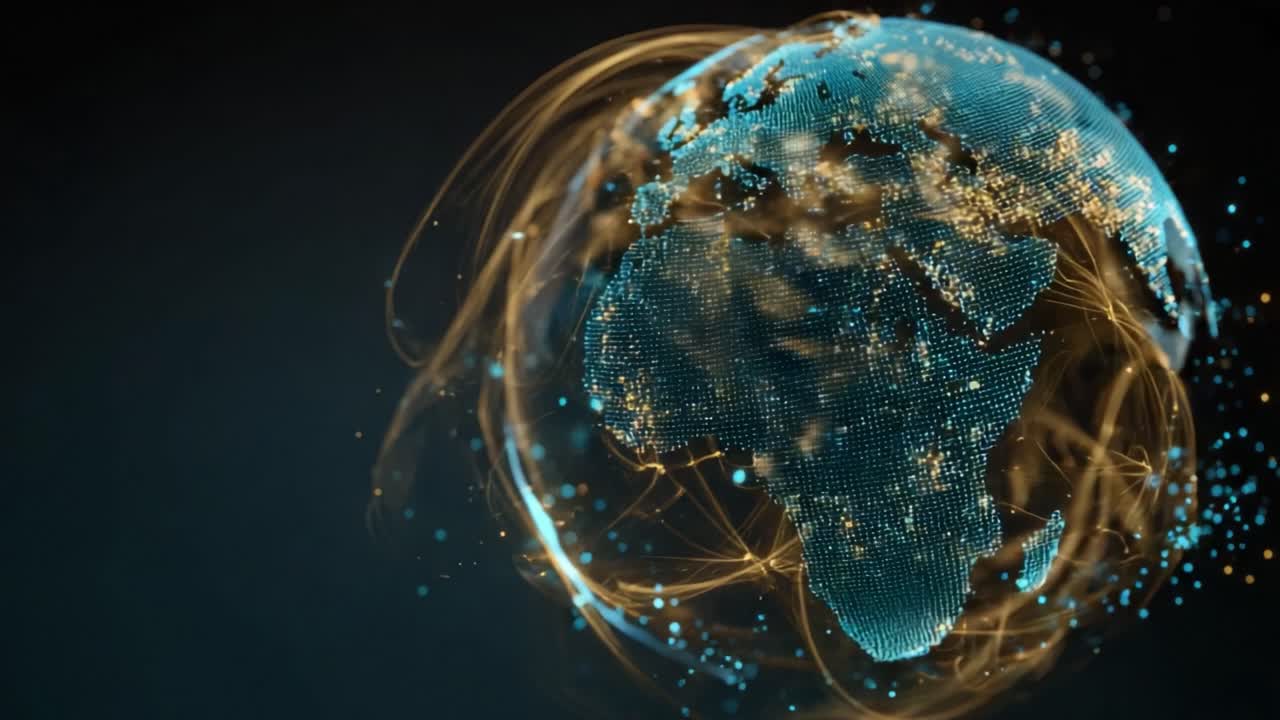 Futuristic digital globe with glowing continents and light trails representing global network connections, international business, and data transfer against a dark background with copy space