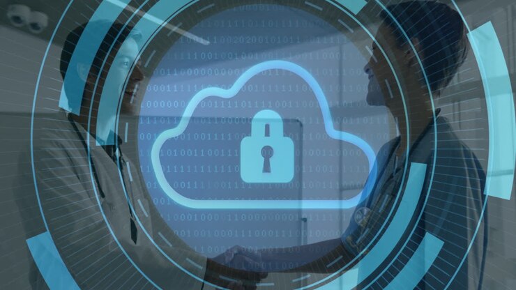 Cloud security lock animation over two professionals shaking hands in office