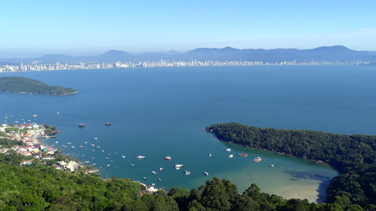 Aerial view of Scenic of Caixa D’aço Beach and Balneário Camboriu skyline in Brazil