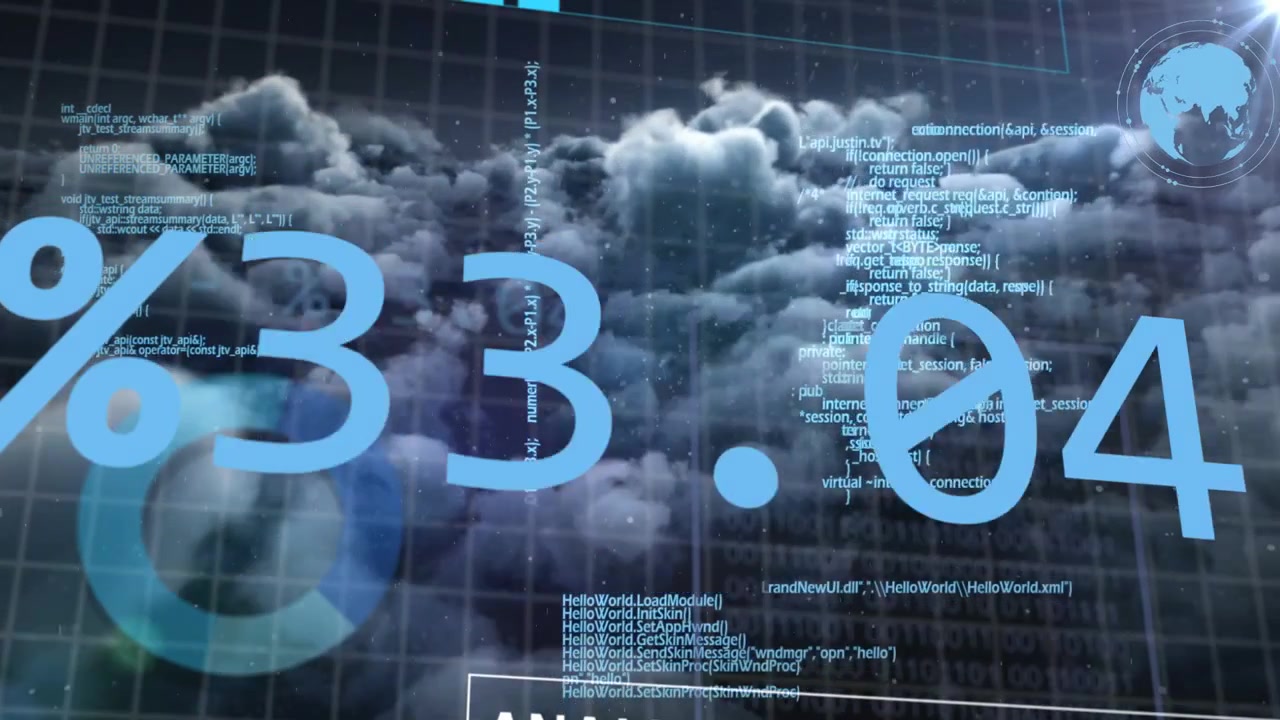 Umpan masuk memulai panel ANALISIS DATA, angka-angka bergeser, kode mengalir, memvisualisasikan pemrosesan.
