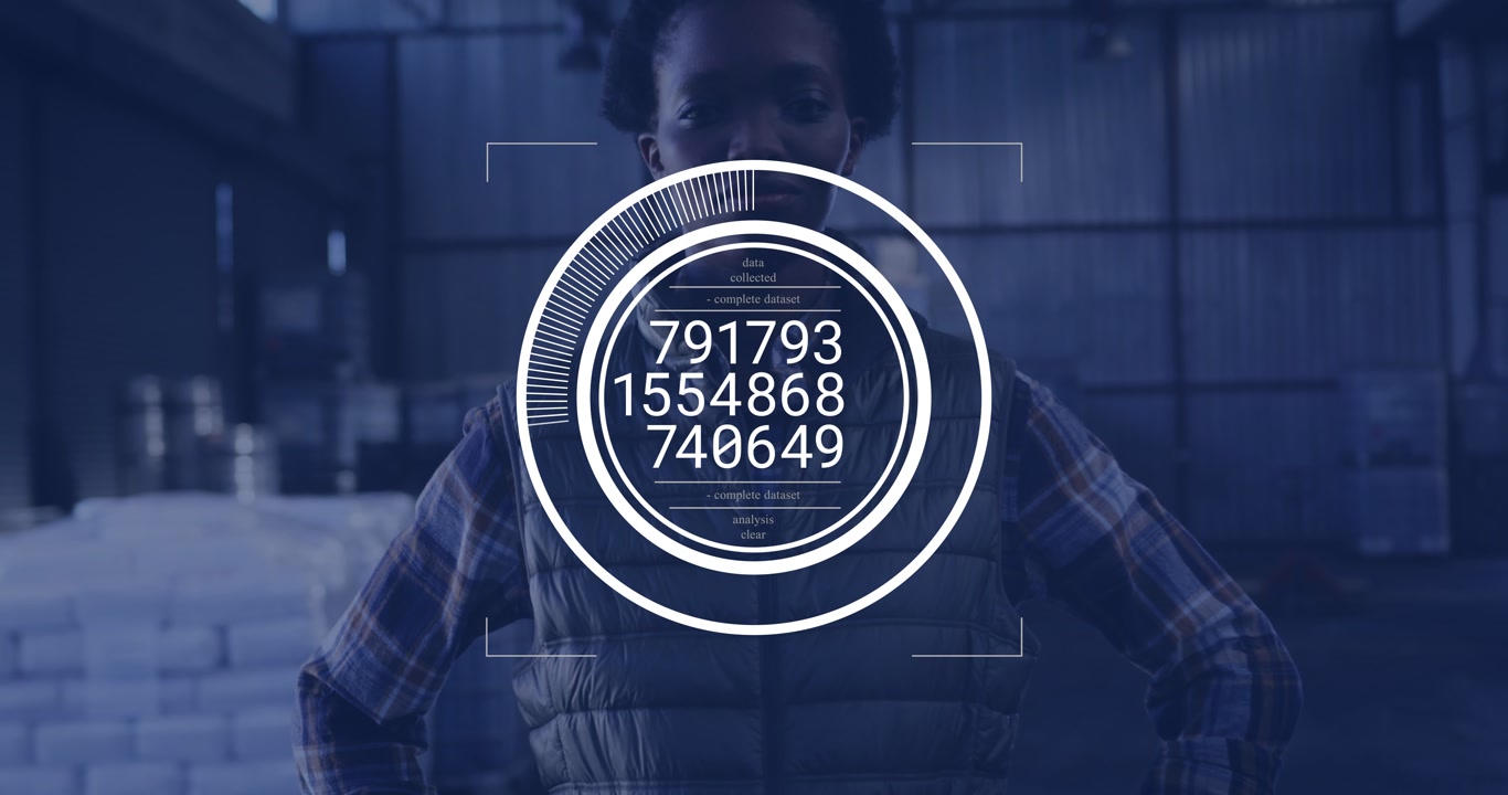 Female warehouse worker standing hands on hips with circular HUD appearing, initiating ID face scan