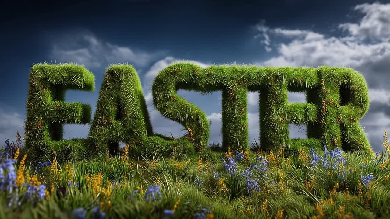 Lush green letters spell Easter in a field. Wildflowers bloom beneath a moody sky. Grass swirls in a gentle breeze, alive. Joyous springtime vibes fill the scene. Perfect for seasonal greetings or ads