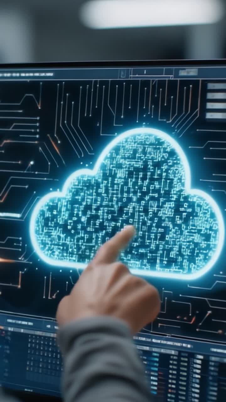 Et nærbillede af en bruger med en futuristisk digital skygrænseflade, der viser datavisualisering og teknologiske innovationer
