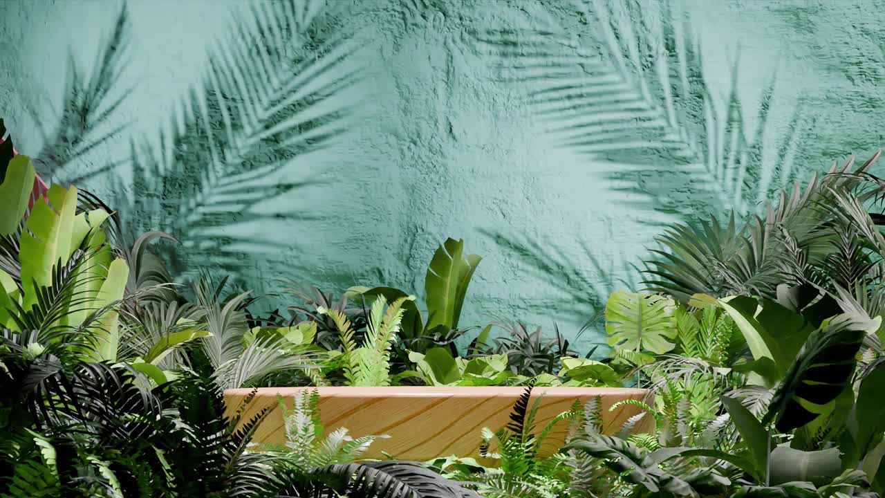 Wooden podium surrounded by tropical green foliage with palm leaf shadows on blue textured wall. Minimalist product display template. Summer botanical and nature. wallpaper with copy space