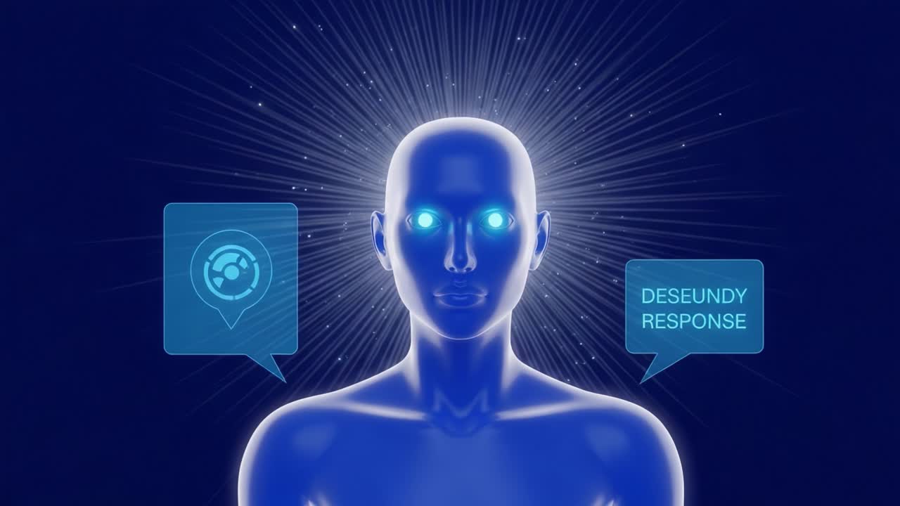 A Futuristic Human Figure with Illuminated Features and Digital Icons Communicating an Abstract Concept of Response and Interaction in a High-Tech Environment