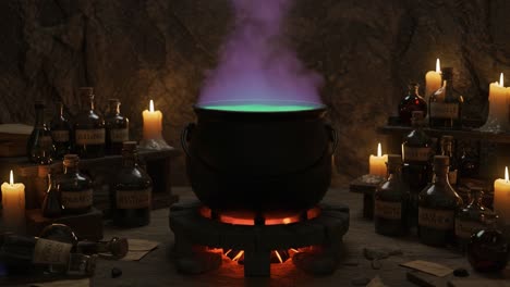 a witch's cauldron surrounded by potions and candles