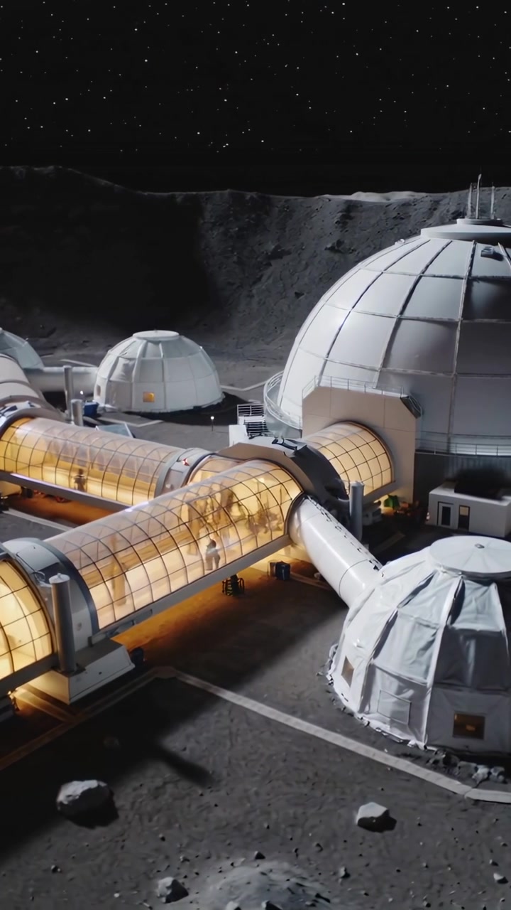 Video verticale: Panoramica della telecamera su un complesso di habitat lunare in un cratere, che rivela una cupola e un tubo