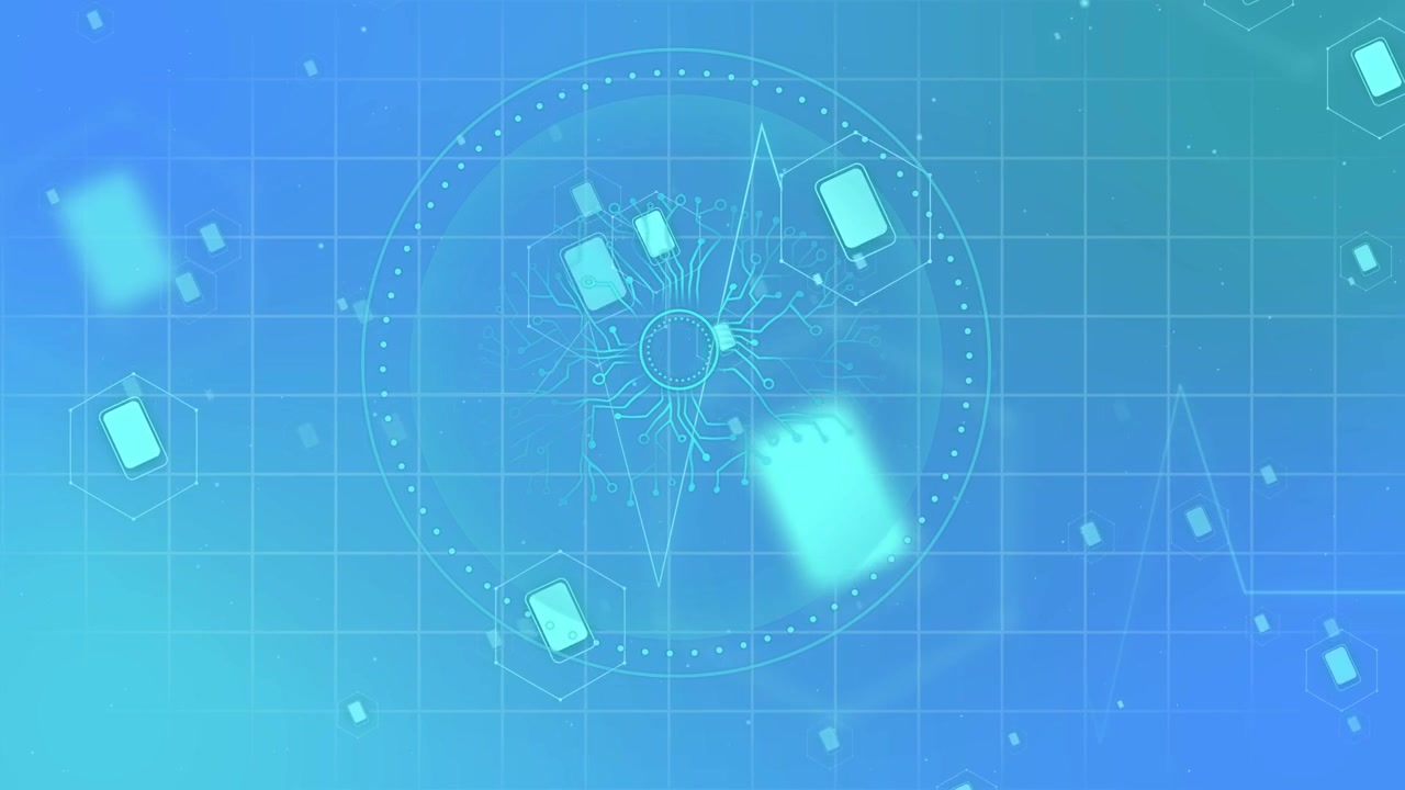 AI emblem pulsing, device icons entering edges, drifting, heartbeat syncing, showing health data