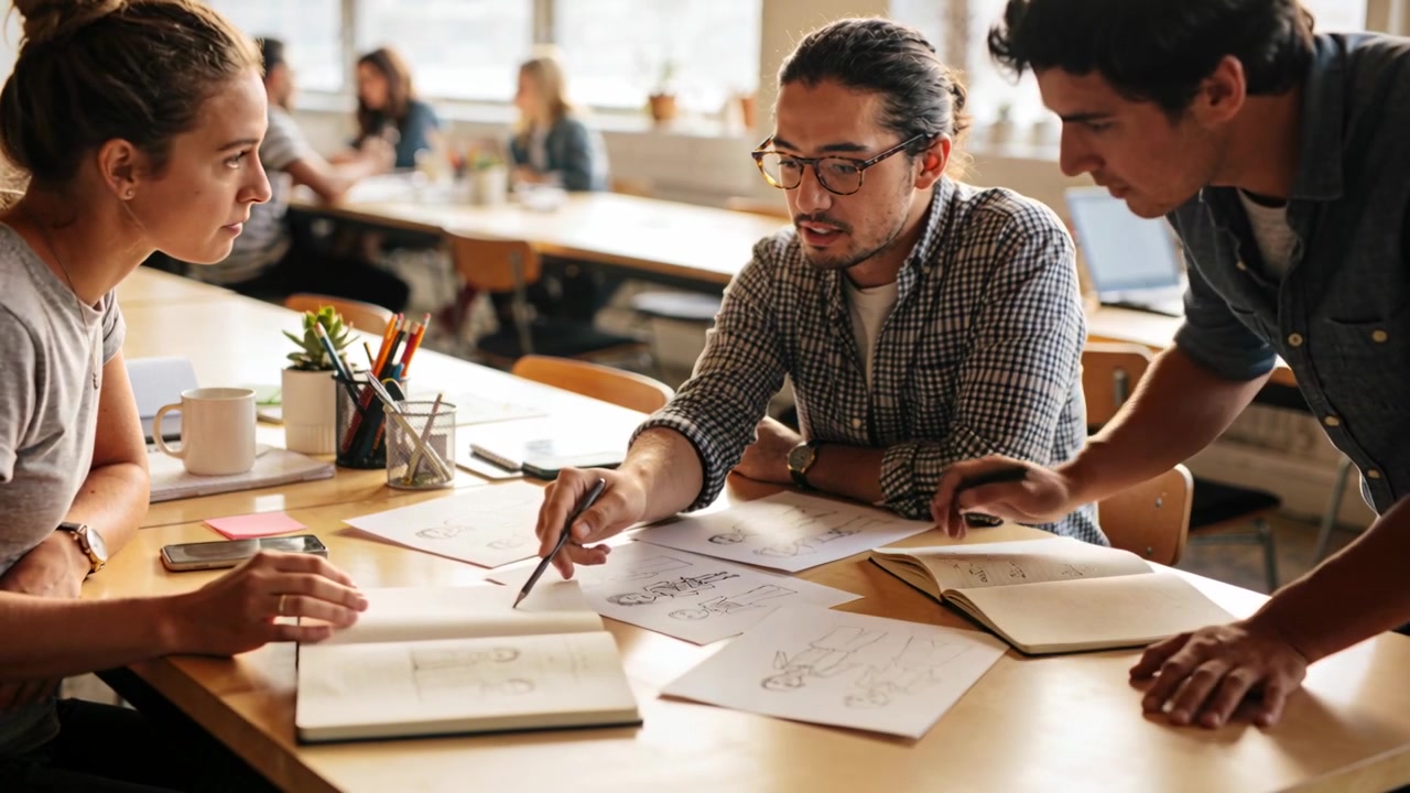 Fogli sparsi, tre designer che si chinano e segnano schizzi a un tavolo di coworking, rivedendo i progetti