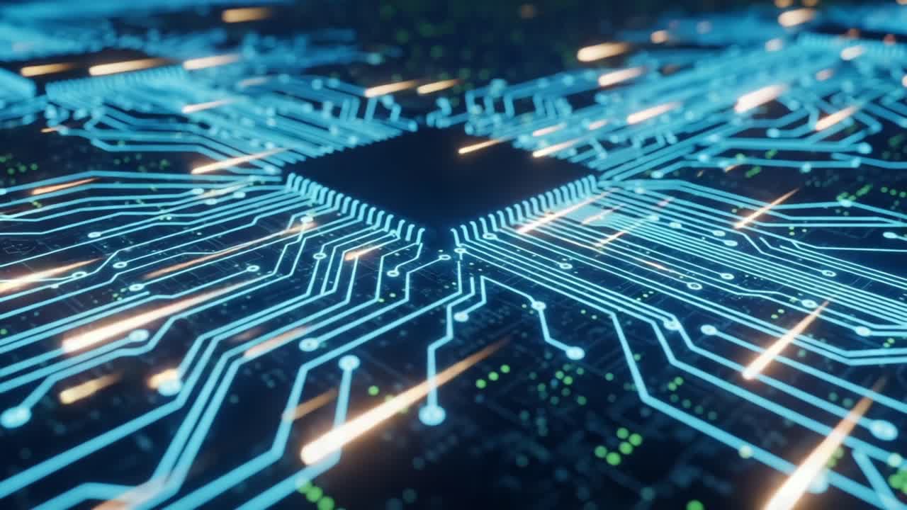 An Intricate Close-Up of a High-Tech Circuit Board Featuring Detail-Rich Connections and Vibrant Electronic Pathways Flowing Across the Surface