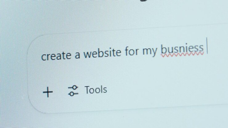 Een gebruiker typt “create a website for my busniess” in een AI-chatbot, wat een spelfout toont – dit benadrukt de groeiende afhankelijkheid van AI en de afnemende aandacht voor detail