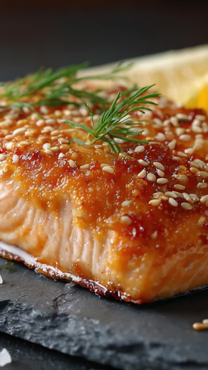 Filetto di salmone glassato delizioso con semi di sesamo ed erbe fresche, cotto alla perfezione con una finitura lucida