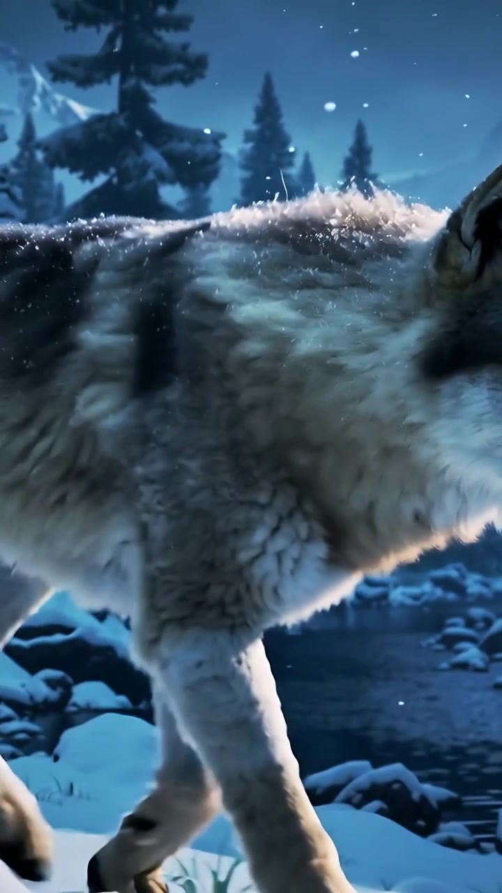 Vertical video: Walking adult wolf traversing moonlit snowy forest at night, with falling snow