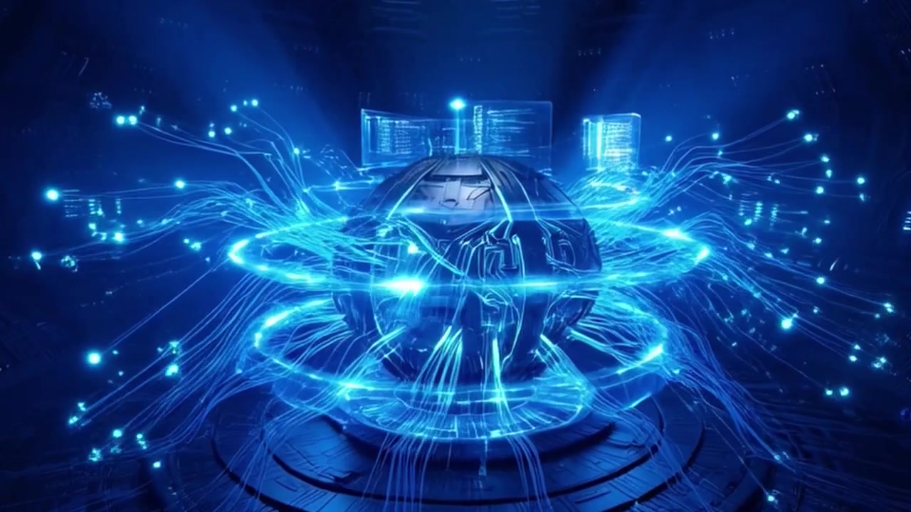 Futuristic Digital Core with Glowing Data Streams and Holographic Interfaces