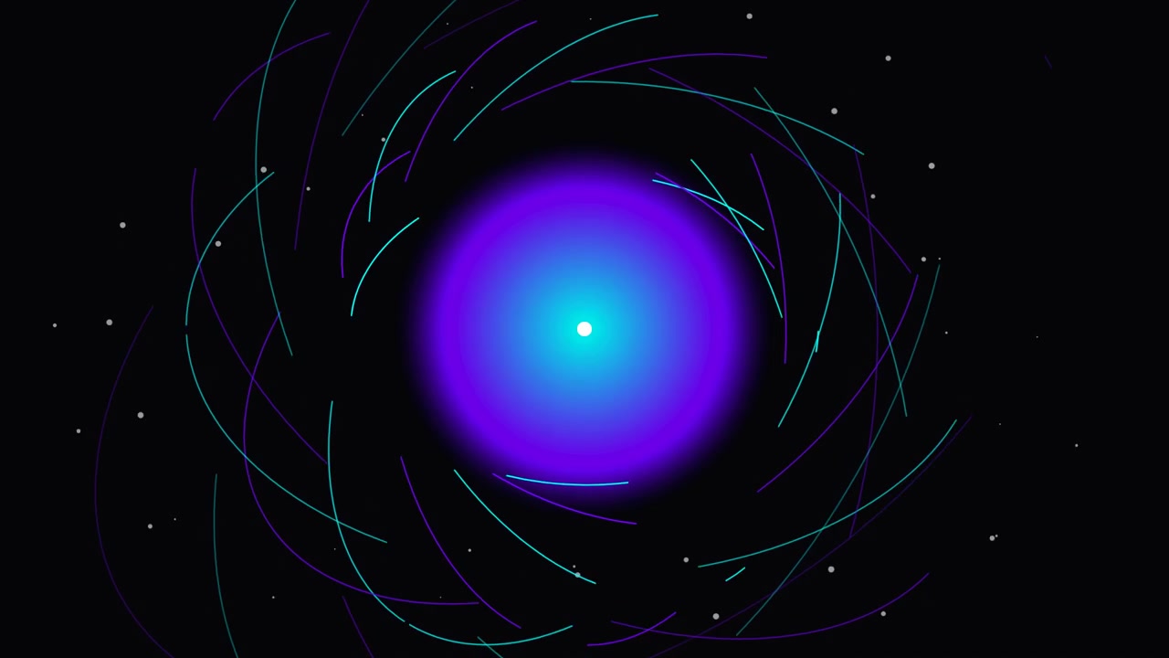 Nucleo energetico astratto luminoso blu e viola con particelle in orbita