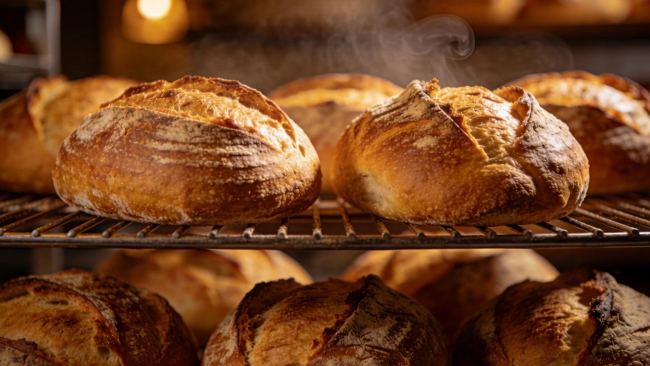 Oven heat releasing, two sourdough loaves cooling on metal racks, emitting steam and firming crusts
