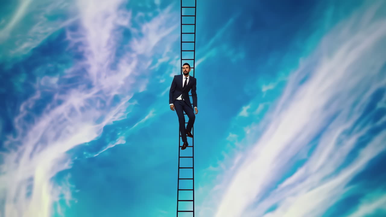 Businessman Climbing a Ladder in the Sky