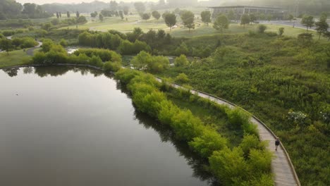 一個人在一個美麗的公園的步道上慢跑的空中影像