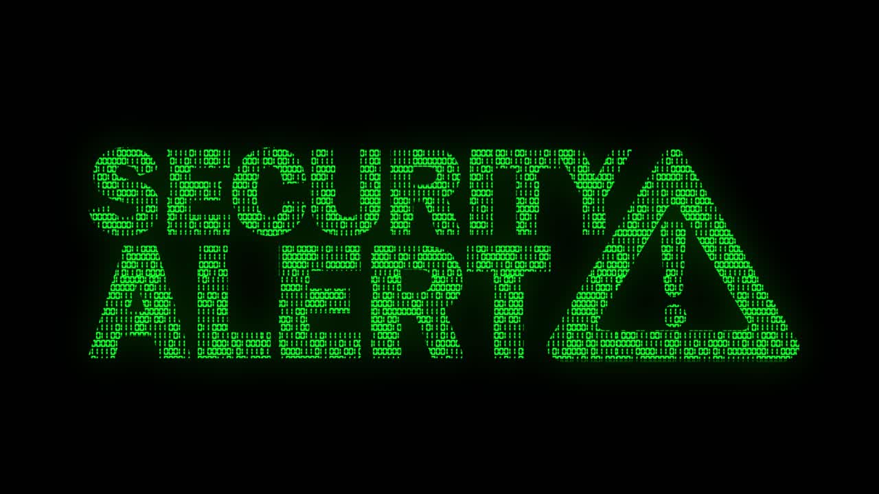 Classic animated Security Alert message with Warning Sign with animated binary code texture in green color scheme on a black background
