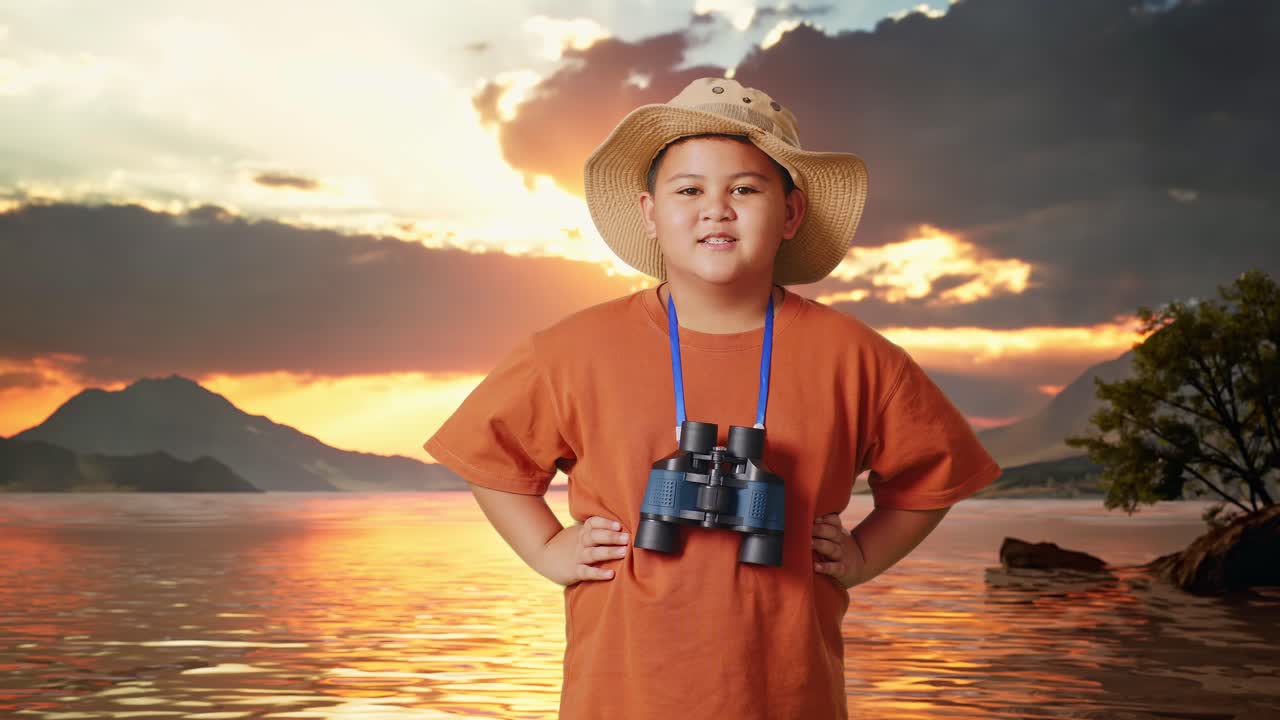 Asian Boy With A Hat And Binoculars Smiling To Camera With Arms Akimbo At A Lake. Boy Researcher Examines Something, Travel Tourism Adventure Concept