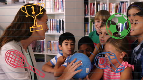 teacher showing globe to children with sports icons animation over classroom scene