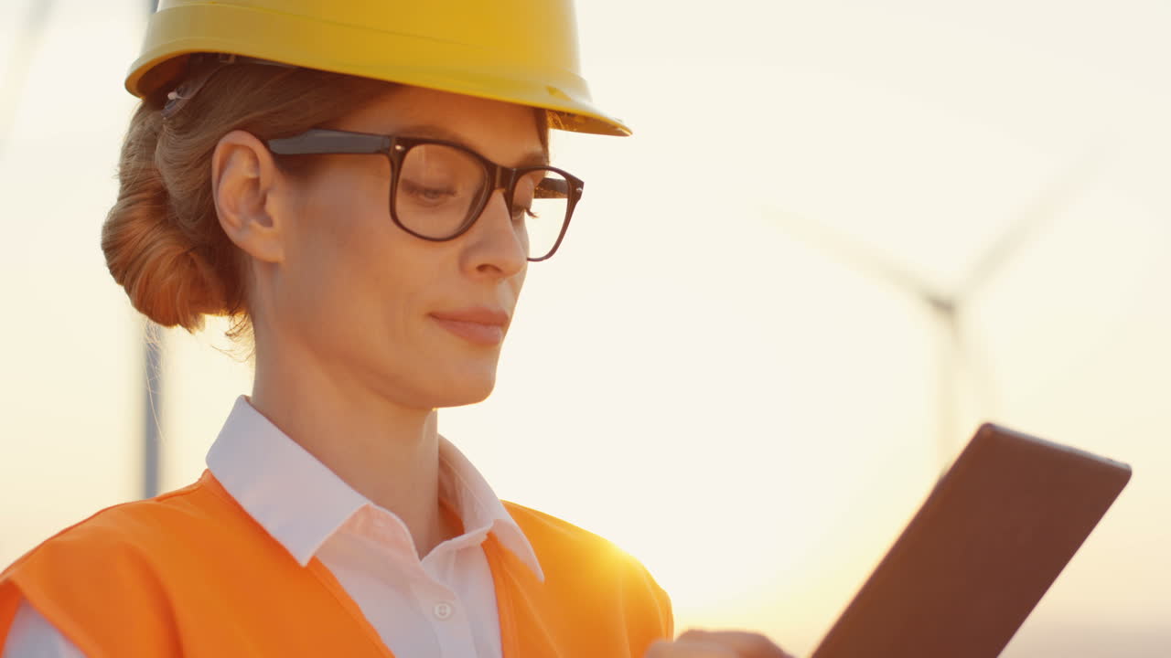 vista cercana de una ingeniera caucásica con casco y uniforme usando tableta en la estación eólica de energía renovable