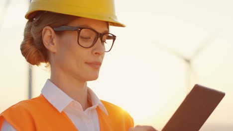 close-up view of caucasian female engineer in helmet and uniform using tablet at wind station of renewable energy