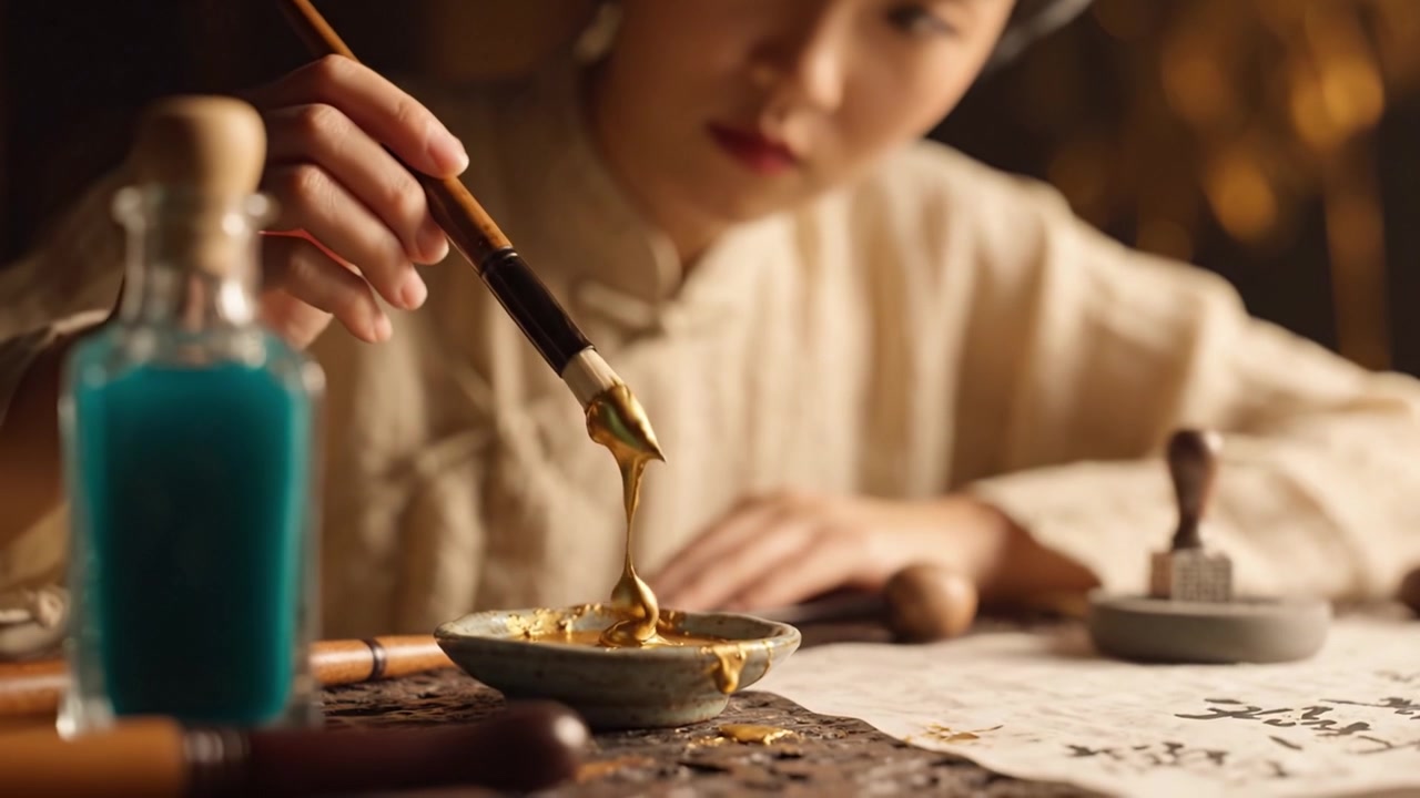 Um Artista Aplicando Meticulosamente Folha de Ouro em Papel Tradicional Usando um Pincel, Capturando a Essência do Artesanato e da Arte Cultural em uma Atmosfera Serena.