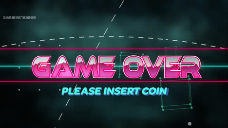 animation of game over text banner over abstract geometric shapes against green background