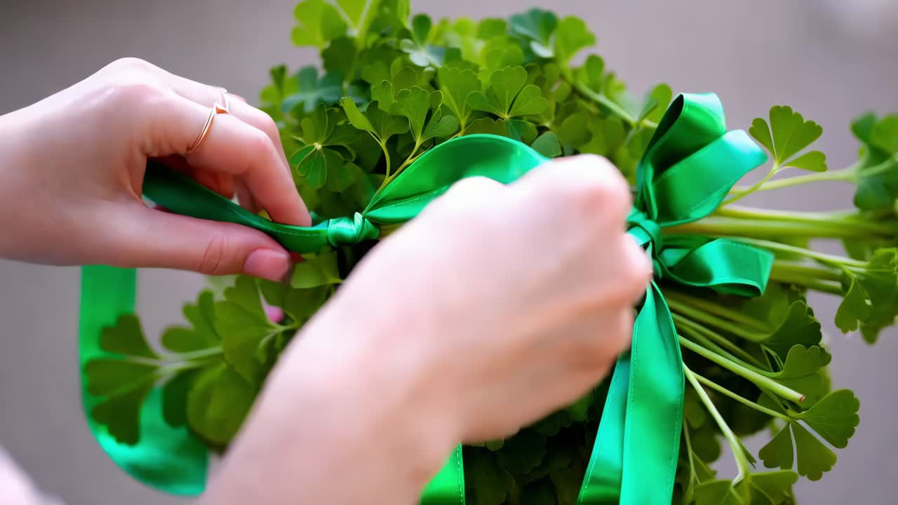 Hands tying a green ribbon around a bouquet of shamrocks