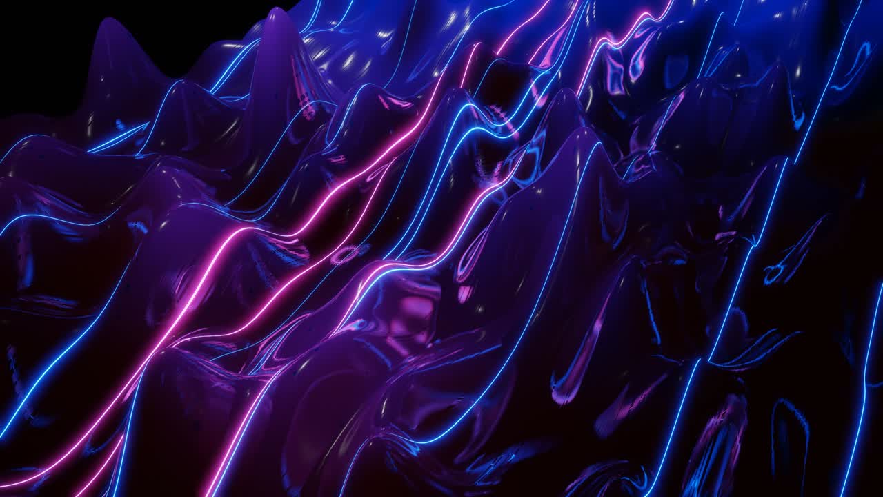 Абстрактная 3D-поверхность с красивыми волнами, сияющими искрами и ярким сине-фиолетовым цветовым градиентом и светящимися линиями. Волны бегут по очень блестящей, глянцевой поверхности со светящимся глиттером. Зацикленная 4K-анимация.