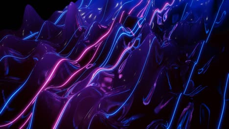 абстрактная 3d-поверхность с красивыми волнами, светящимися блесками и ярким цветовым градиентом синий фиолетовый и светящиеся линии. волны работают на очень блестящей, глянцевой поверхности с блестящим блеском.
