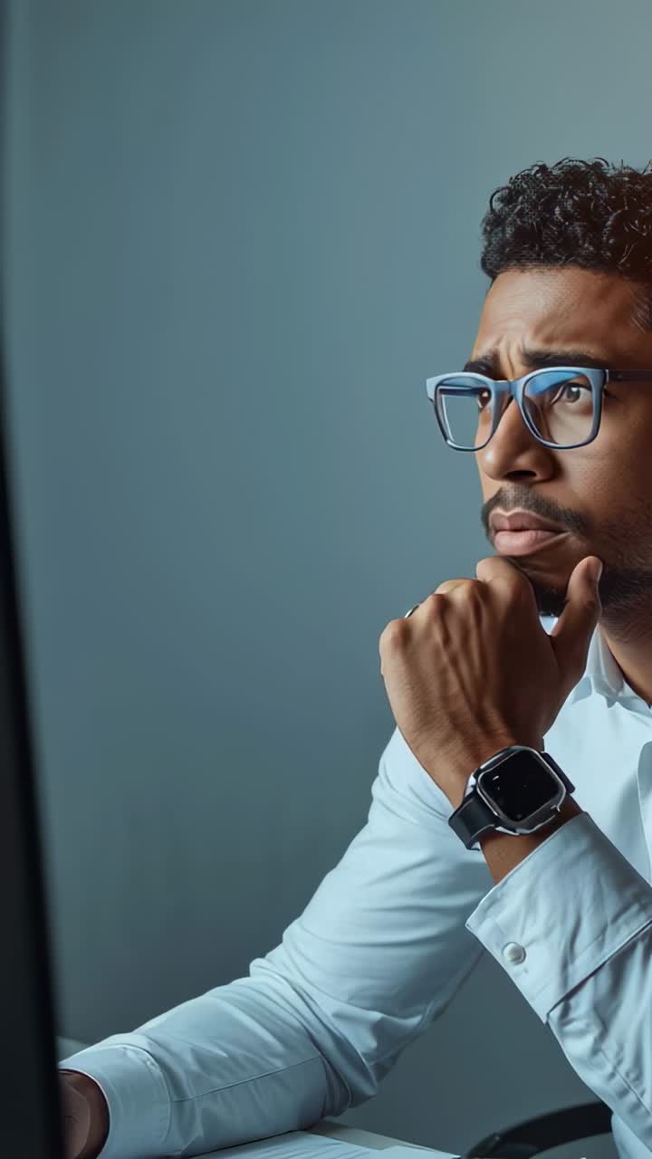 Vertical video: Leaning man tracking screen content at office desk, wearing dress shirt and glasses