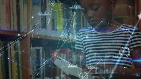 animation of network of connections over african american schoolgirl in library