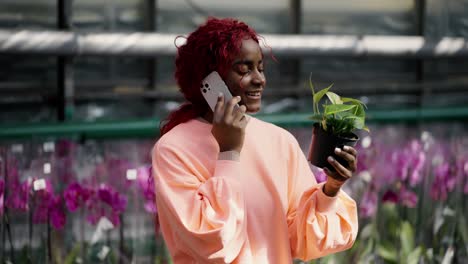 Happy-african-american-woman-is-choosing-pot-flowers-to-buy-for-her-garden-and-talking-by-mobile