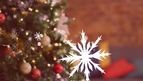 animación de copos de nieve de navidad cayendo sobre el árbol de navidad