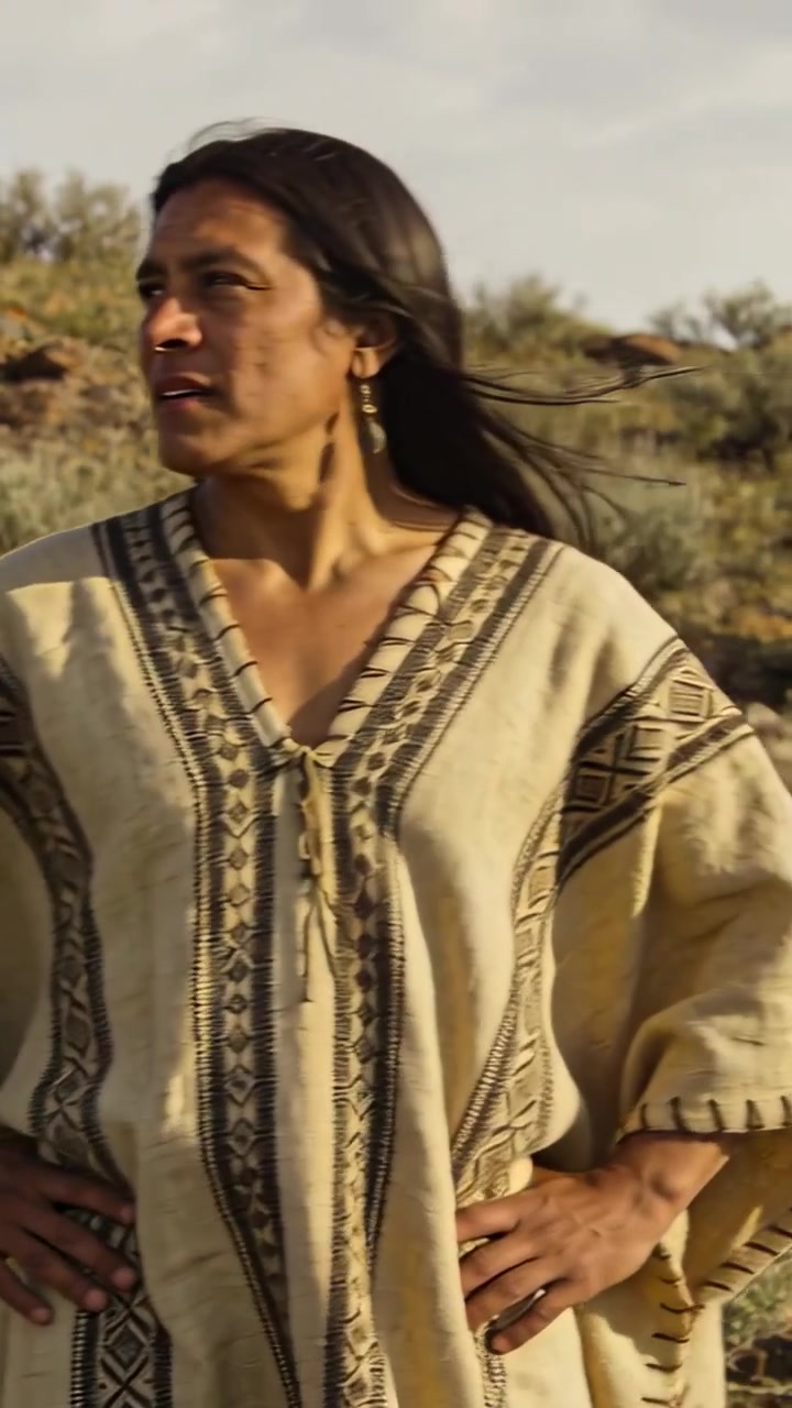 Vertikales Video: Eine Brise streicht über einen indigenen Mann, der den Kopf dreht und die Wüste in einem gewebten Poncho überblickt.