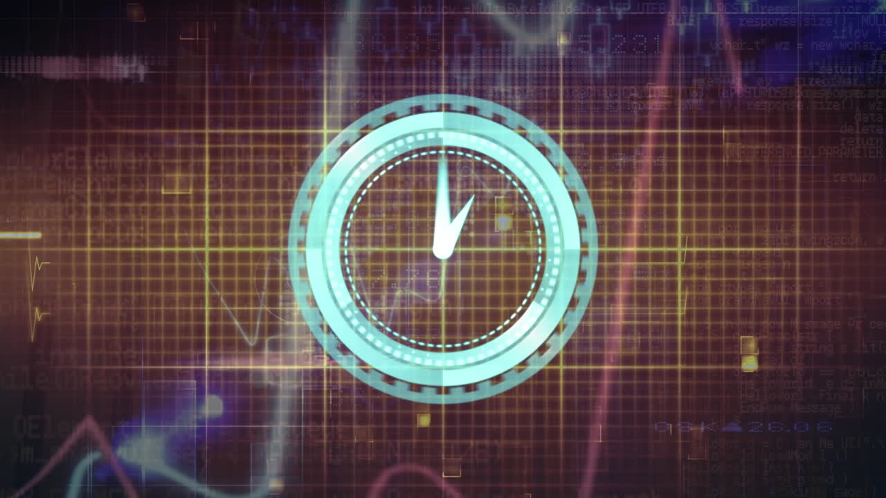 animación de reloj de neón sobre chispas de luz y procesamiento de datos contra un fondo negro